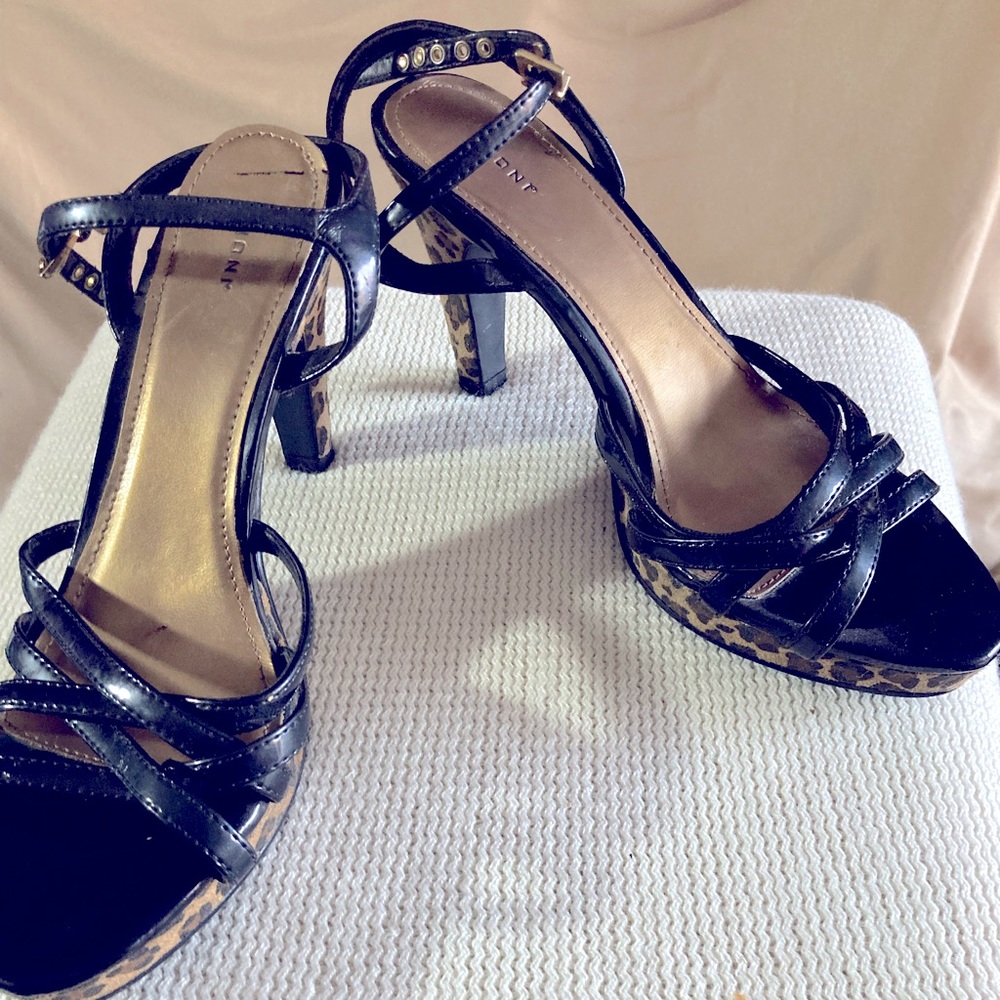 Black patent leather leopard print high heel sandals